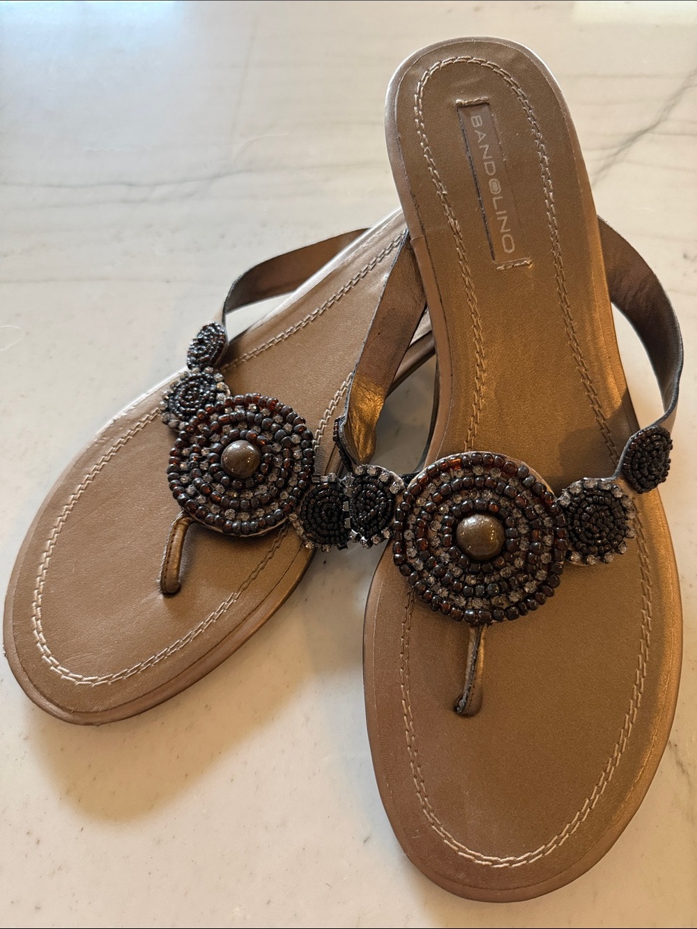 Bandolino Brown and Bronze Beaded Thong Sandals Sz 9.5